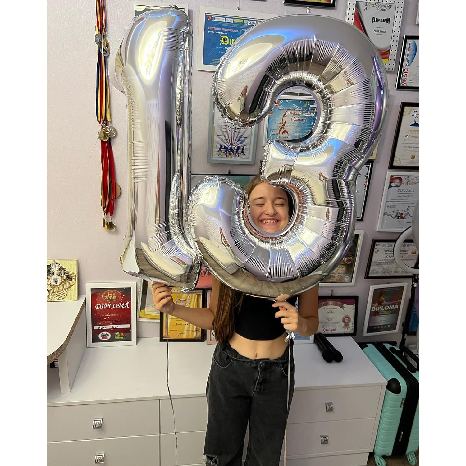 Balon din Folie Metalizata, , Figurina Cifra, Tema Aniversare 40 cm, Ambalaj Individual, Pai inclus, Umflare cu Aer sau Heliu, Argintiu, Cifra 1 [5]