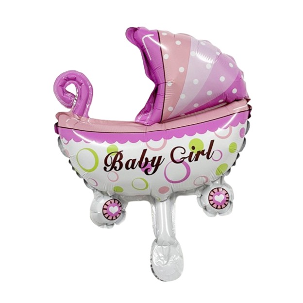 Tematica Fata/Baiat - Balon din Folie Metalizata, , Mini Figurina, Model Carucior Bebelus, Tematica Gender Reveal, 39x29 cm, Ambalaj Individual, Pai Inclus, Umflare cu Aer sau Heliu, Roz