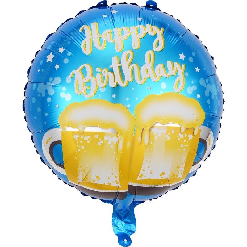 Figurine si Baloane 3D - Balon din Folie Metalizata, , Mini Figurina Rotunda, Model Halbe de Bere, Happy Birthday, Tematica Aniversare, 45 cm, Ambalaj Individual, Pai Inclus, Umflare cu Aer sau Heliu, Albastru