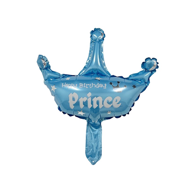 Tematica Fata/Baiat - Balon din Folie Metalizata, , Mini Figurine, Model Coroana de Print, Tematica Aniversare, 42x38 cm, Ambalaj Individual, Pai Inclus, Umflare cu Aer sau Heliu, Albastru