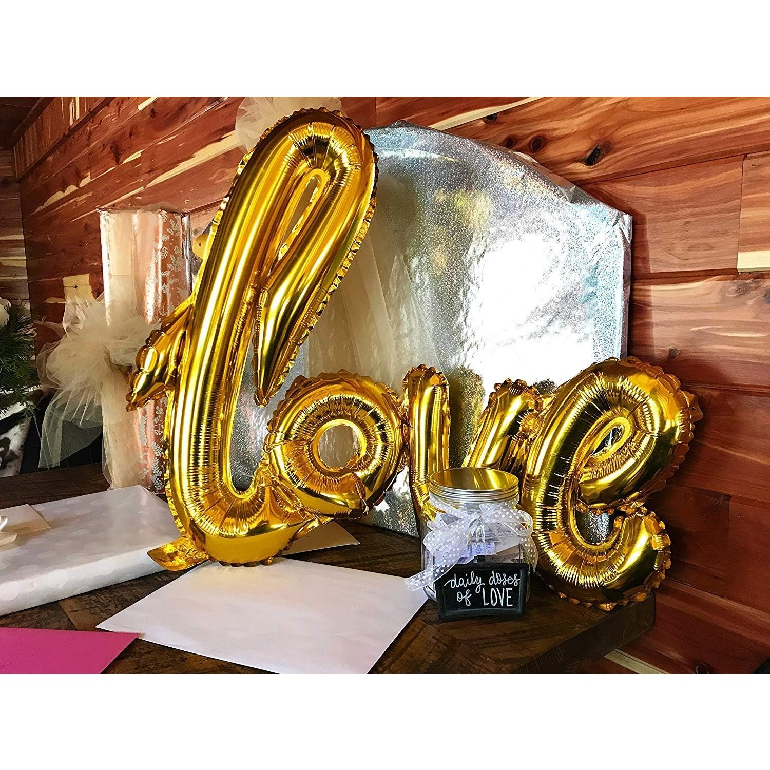 Balon din Folie Metalizata, , Model Love scris de mana, 102x65 cm, Tematica Ziua Îndrăgostiților, Ambalaj Individual, Pai Inclus, Umflare cu Aer sau Heliu, Auriu [4]