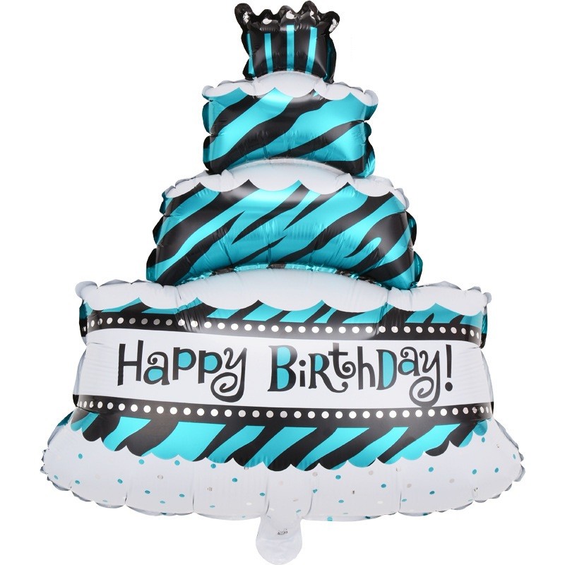 Figurine si Baloane 3D - Balon din Folie Metalizata, , Model Tort cu 4 Straturi, Balon Aniversar, Model Happy Birthday, 62x43 cm, Ambalaj Individual, Pai inclus, Umflare cu Aer sau Heliu, Albastru