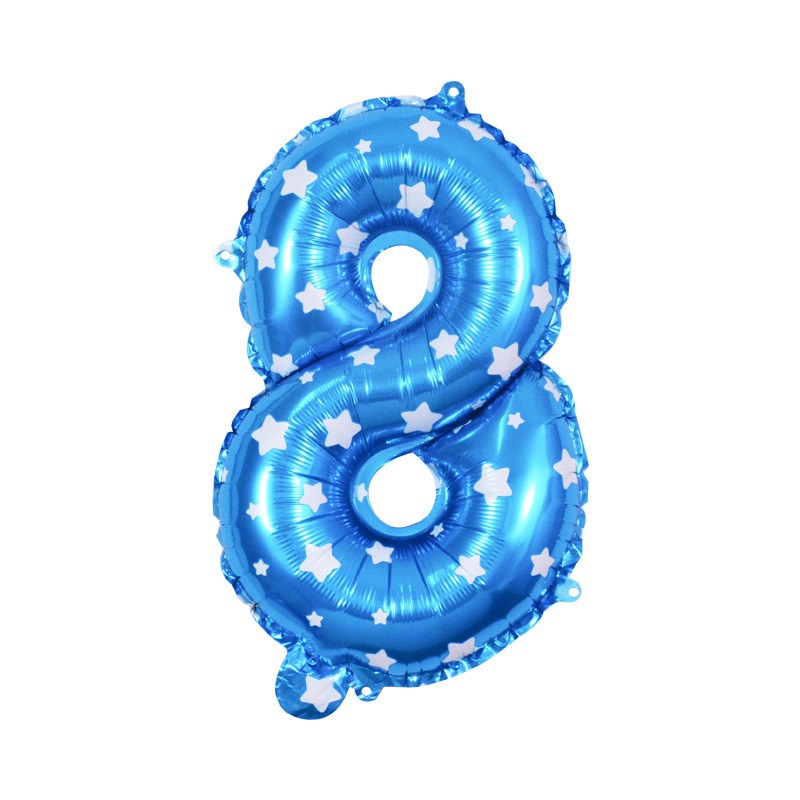 Balon din Folie Metalizata , Figurina Cifra, Imprimeu Stele, Tema Aniversare 80 cm, Ambalaj Individual, Pai inclus, Umflare cu Aer sau Heliu, Albastru, Cifra 8 [1]