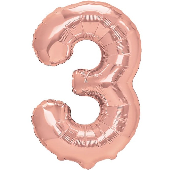 Cifre - Balon din Folie Metalizata , Figurina Cifra, Tema Aniversare 40 cm, Ambalaj Individual, Pai inclus, Umflare cu Aer sau Heliu, Rose Gold, Cifra 3