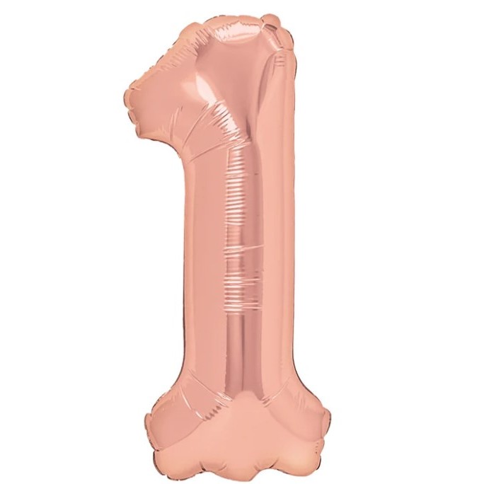 Cifre - Balon din Folie Metalizata , Figurina Cifra, Tema Aniversare 40 cm, Ambalaj Individual, Pai inclus, Umflare cu Aer sau Heliu, Rose Gold, Cifra 1