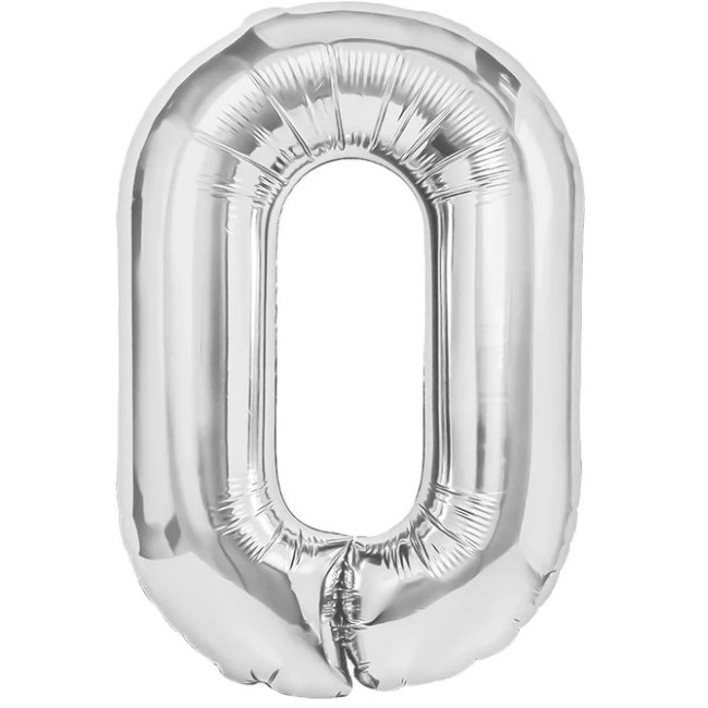 Cifre - Balon din Folie Metalizata, , Figurina Cifra, Tema Aniversare 40 cm, Ambalaj Individual, Pai inclus, Umflare cu Aer sau Heliu, Argintiu, Cifra 0