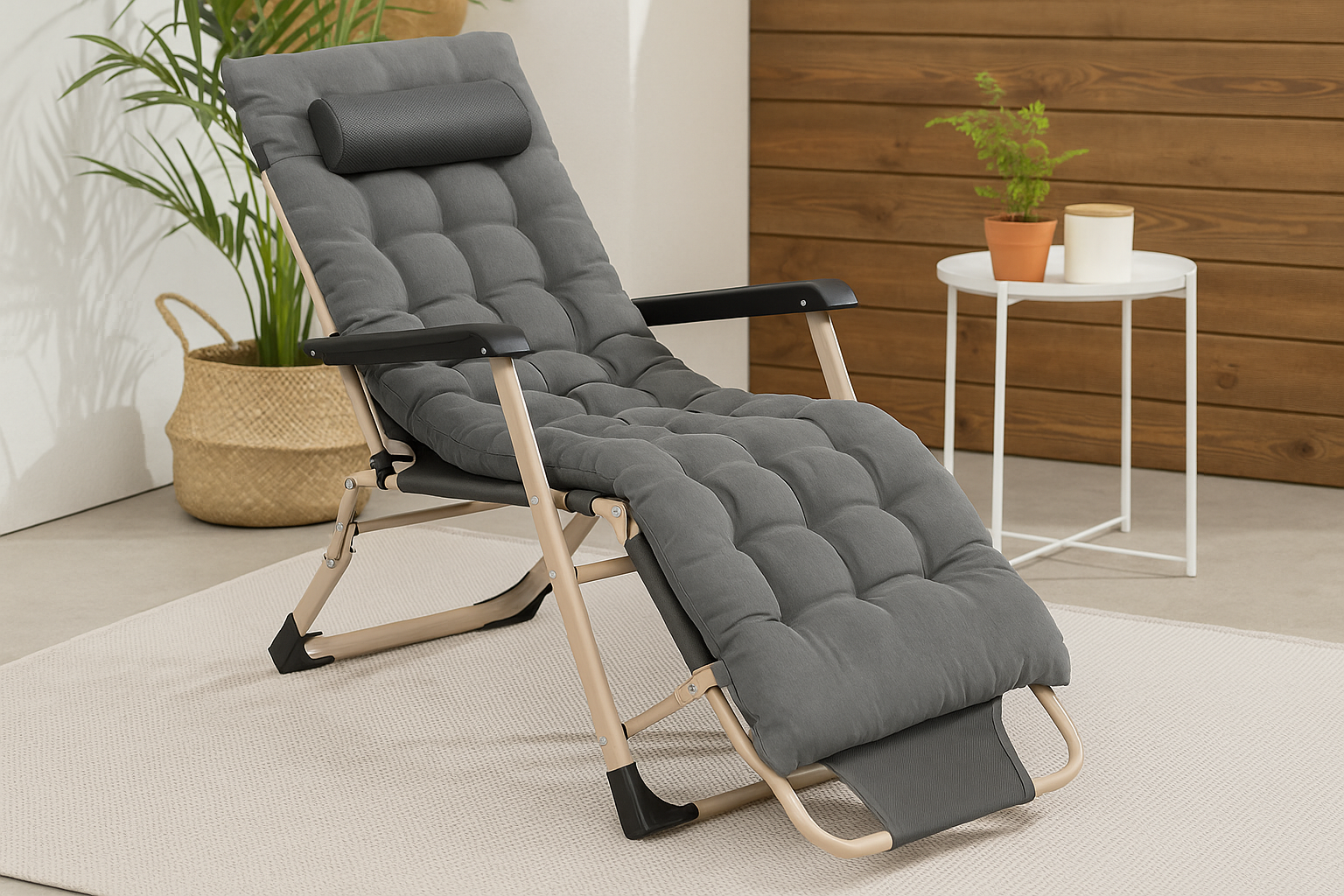 Sezlong pliabil cu perna si suport picioare reglabil, 176x66x92 cm, gri [2]