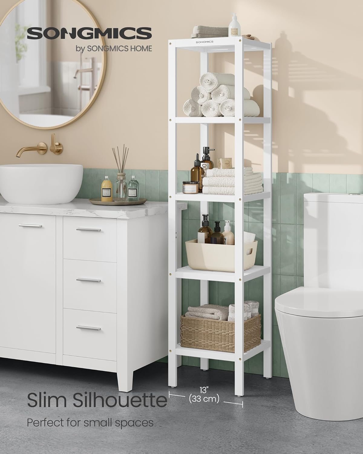 SONGMICS Etajera bambus 5 niveluri, raft multifunctional pentru baie sau bucatarie, 33x33x146 cm, alb [3]