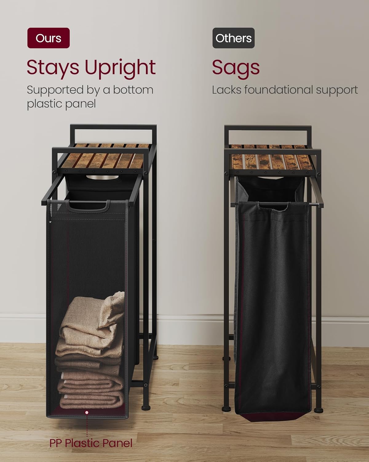 VASAGLE Cos rufe pentru spatii inguste, 47L cu sac textil detasabil, raft superior si cadru metalic, 42x22x75 cm, maro rustic [6]