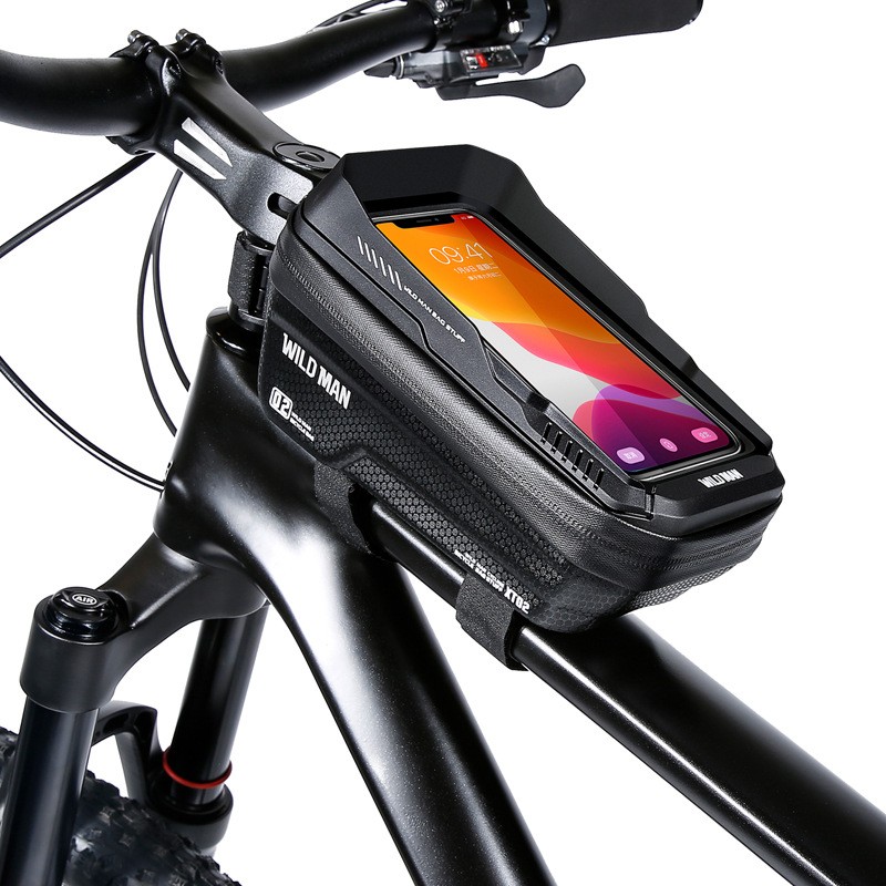 Suporţi Bicicletă - Borseta pentru bicicleta cu suport de telefon , capcitate 1L, 20.5x11.1x10.5 cm, cu spatiu de stocare, protectie waterproof, ecran tactil, fixare in 3 locuri, protectie lumina, orificiu casti, negru