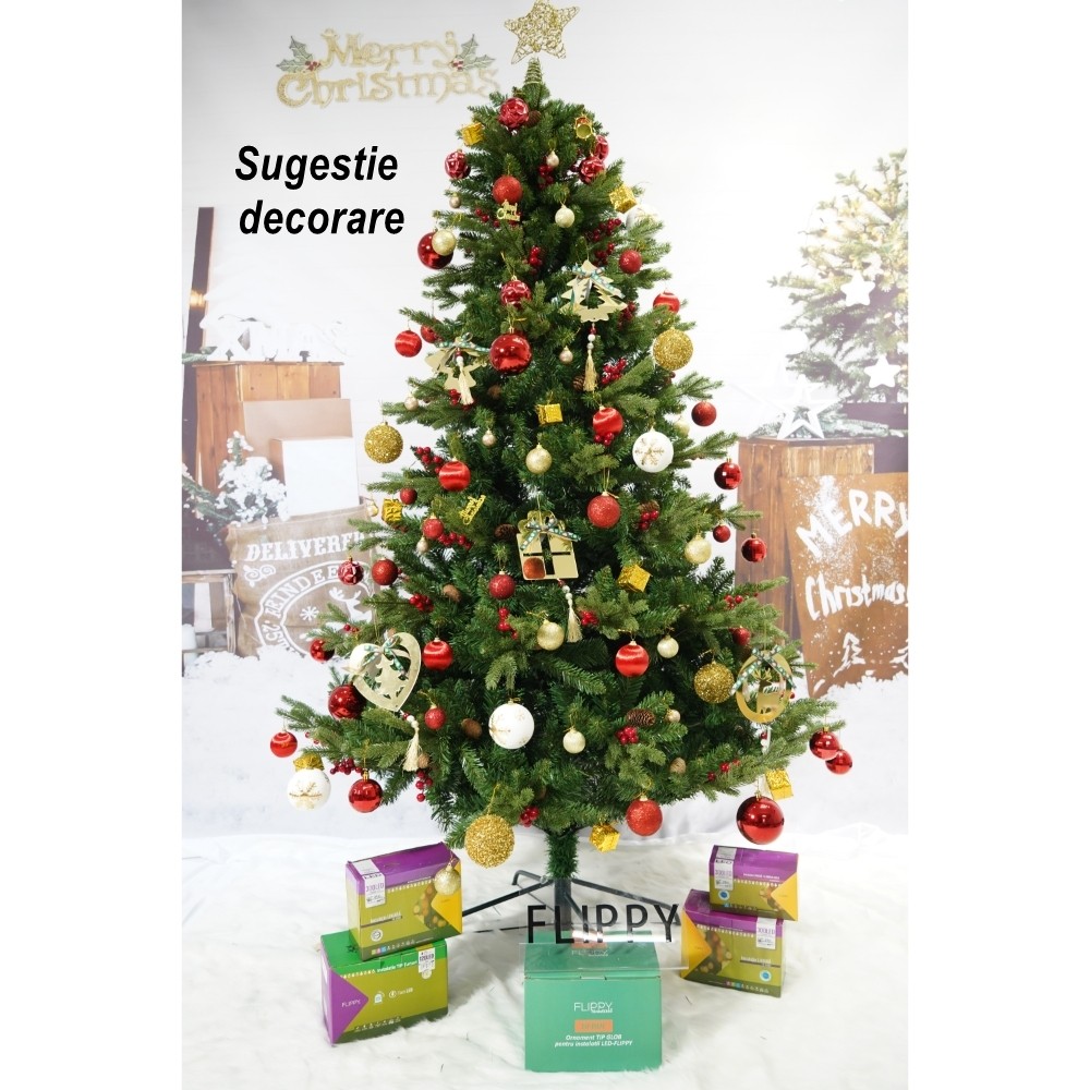 Brad artificial de Craciun, decorat cu conuri pin rosii, inaltime 210 cm, diametru 137 cm, 1172 ramuri, , verde, suport metalic inclus [5]