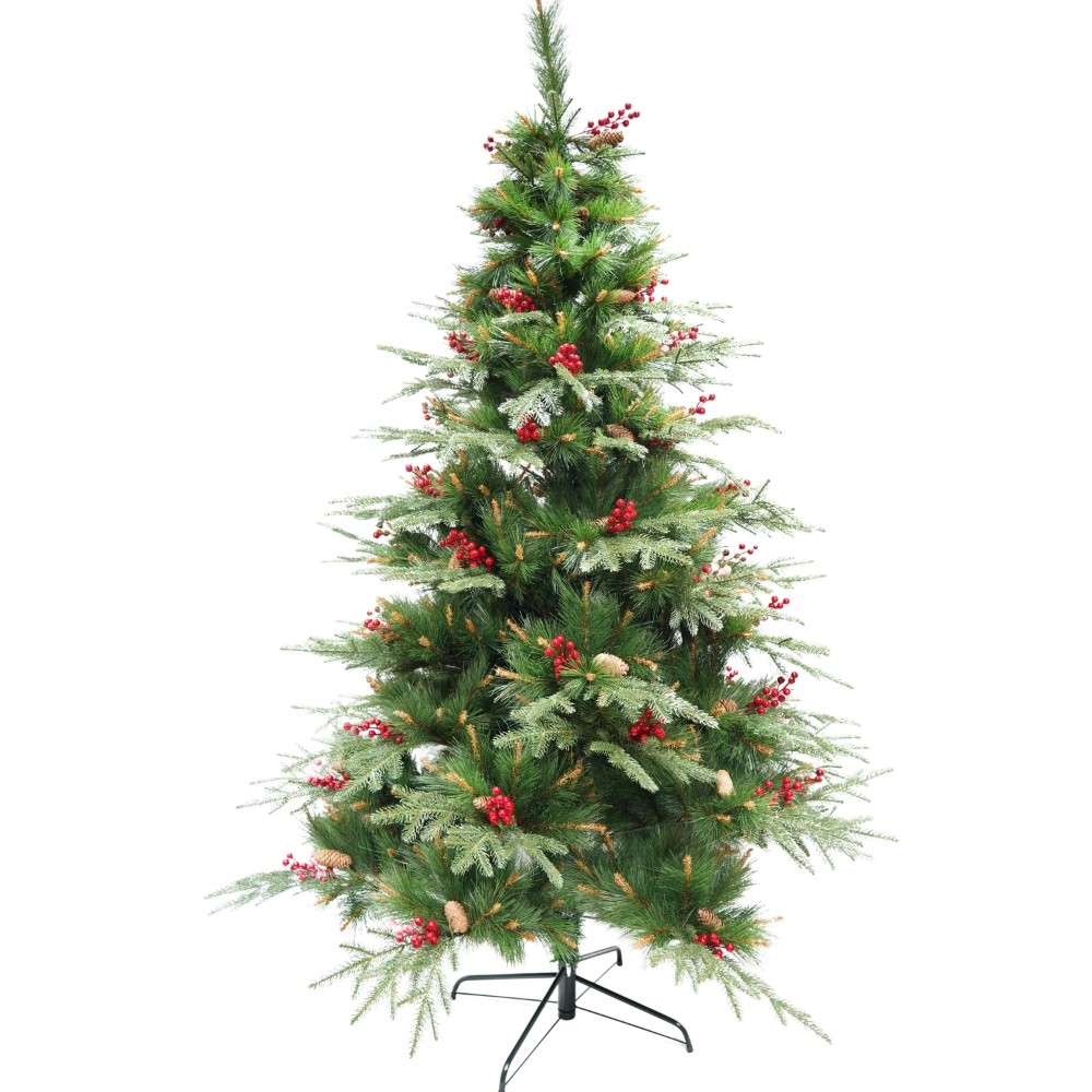 Brad artificial de Craciun, decorat cu conuri pin rosii, pentru interior/exterior, inaltime 150 cm, diametru 104 cm, 323 ramuri, , verde, suport metalic inclus [6]