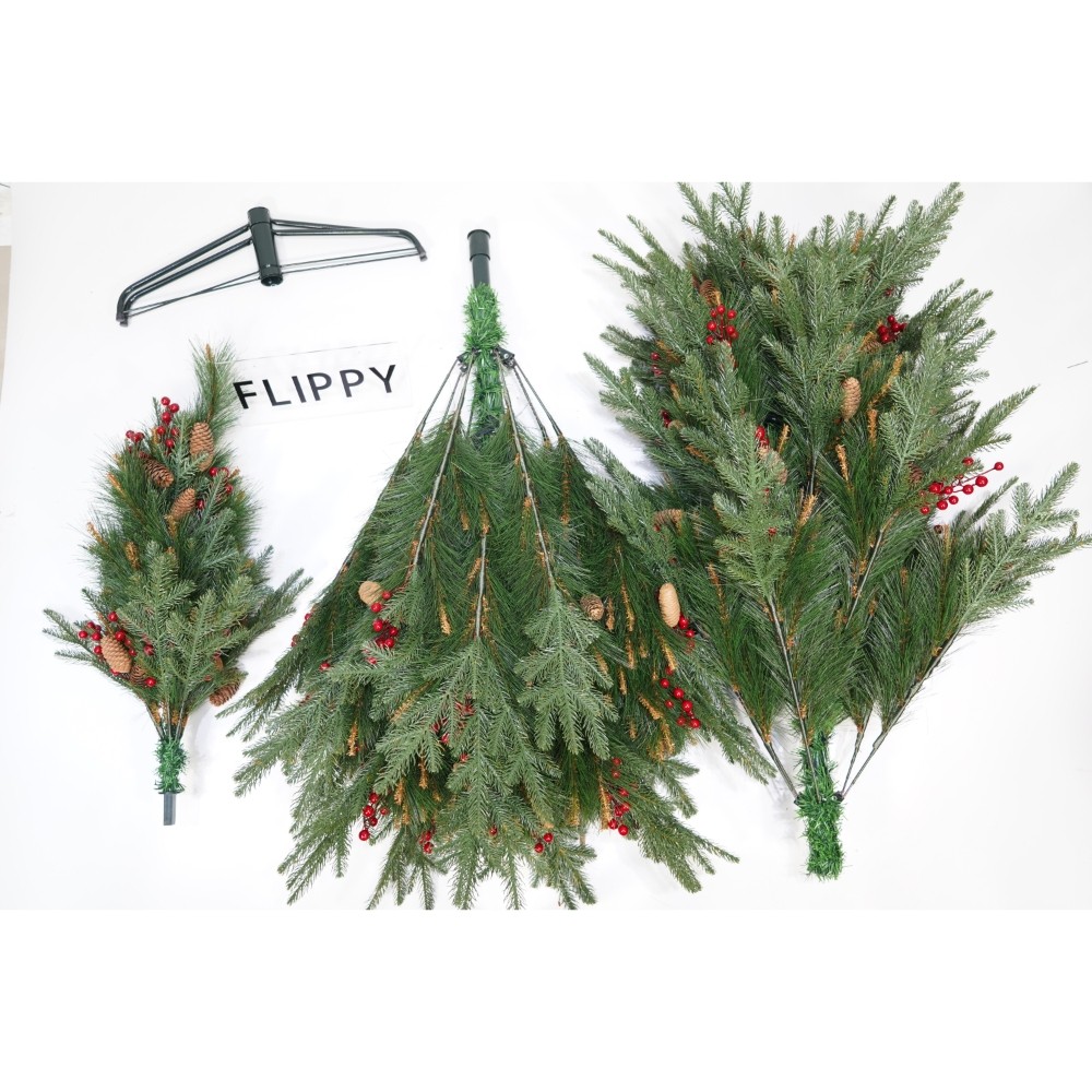 Brad artificial de Craciun, decorat cu conuri pin rosii, pentru interior/exterior, inaltime 210 cm, diametru 142 cm, 767 ramuri, , verde, suport metalic inclus [2]