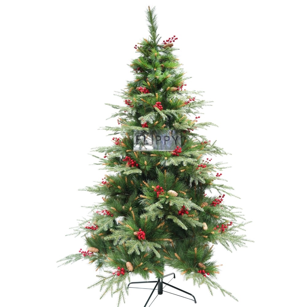 Brazi Craciun - Brad artificial de Craciun, decorat cu conuri pin rosii, pentru interior/exterior, inaltime 210 cm, diametru 142 cm, 767 ramuri, , verde, suport metalic inclus