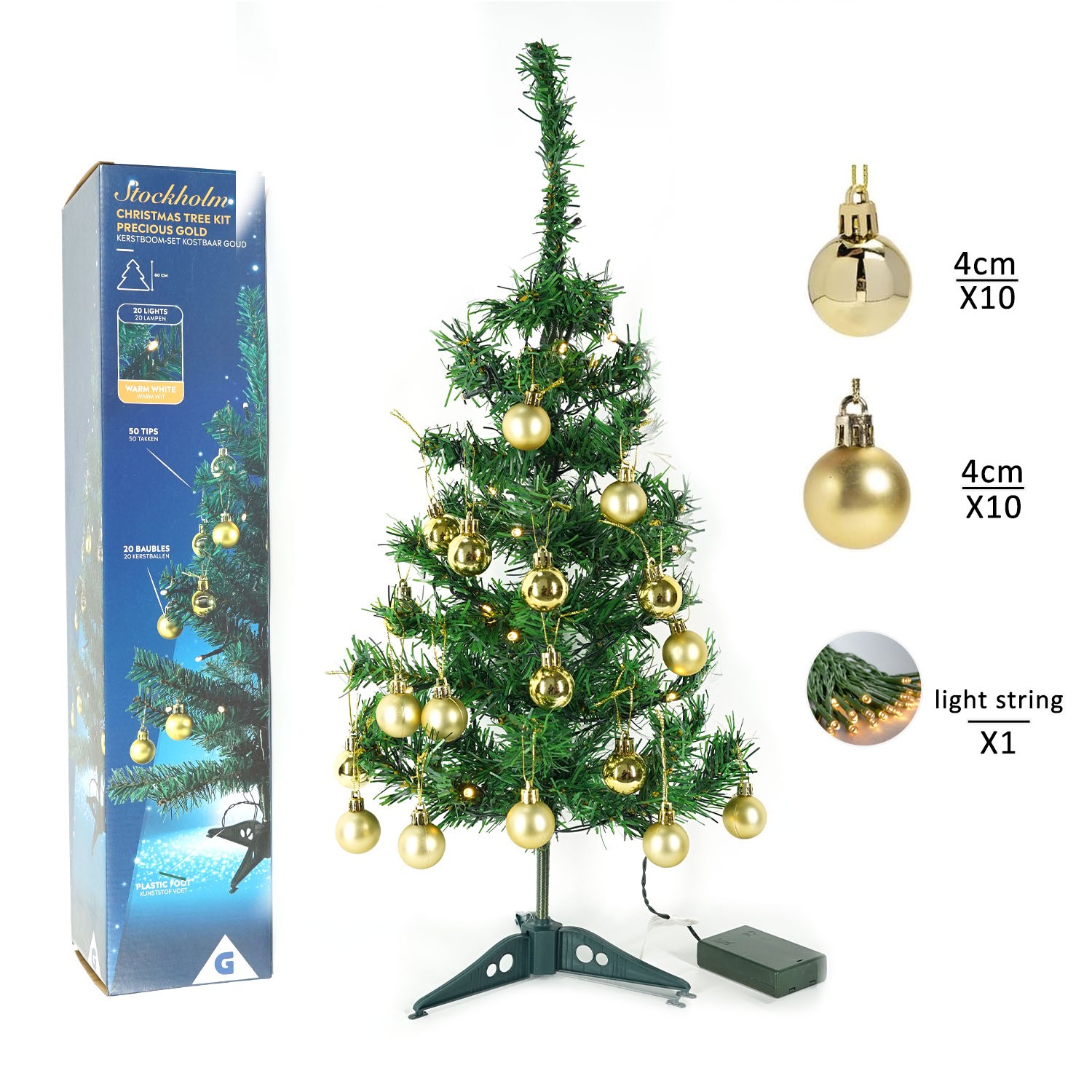 Brad Artificial Impodobit, 60 cm, suport plastic, cu instalatie luminoasa 20 LED alb cald + 20 globuri aurii incluse,  [4]