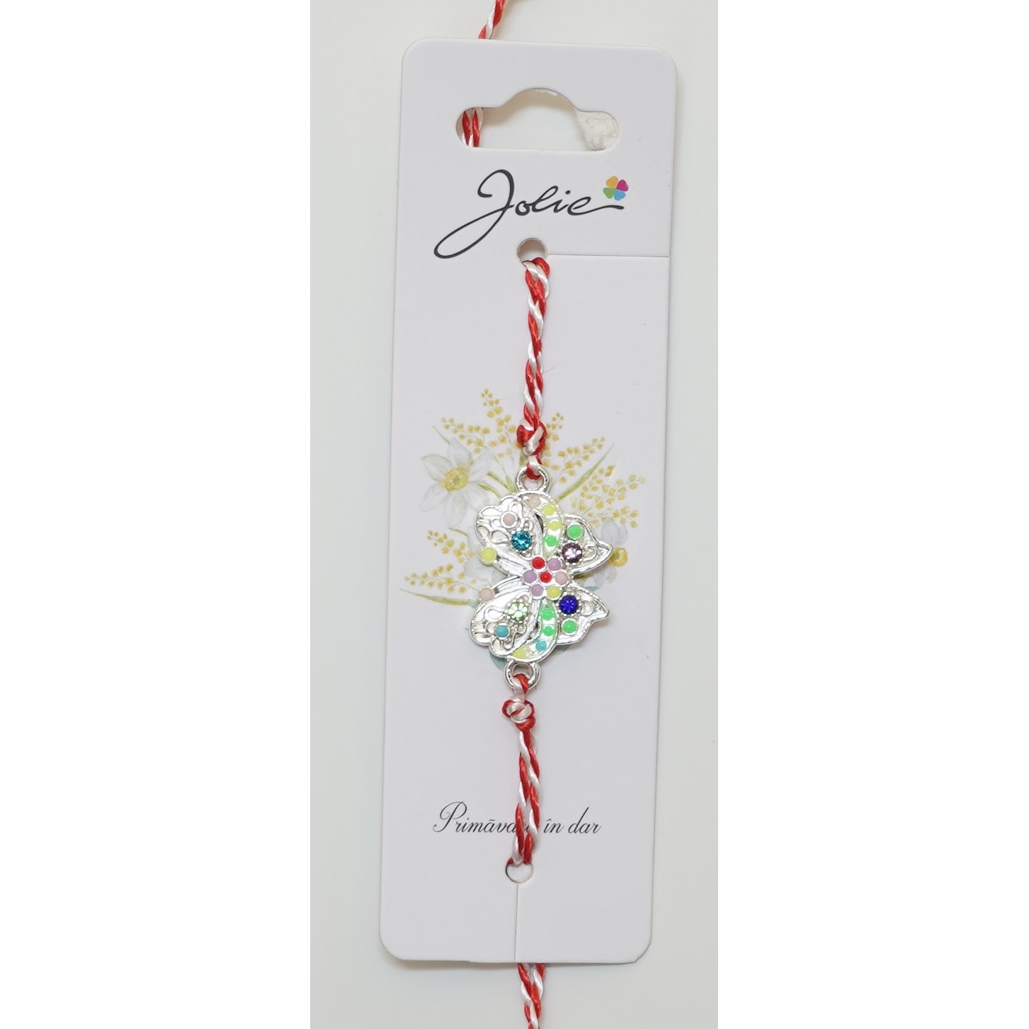 Martisor Bratara snur Alb-Rosu - Bratara cu Snur Alb- Rosu Fluture Pietre Colorate