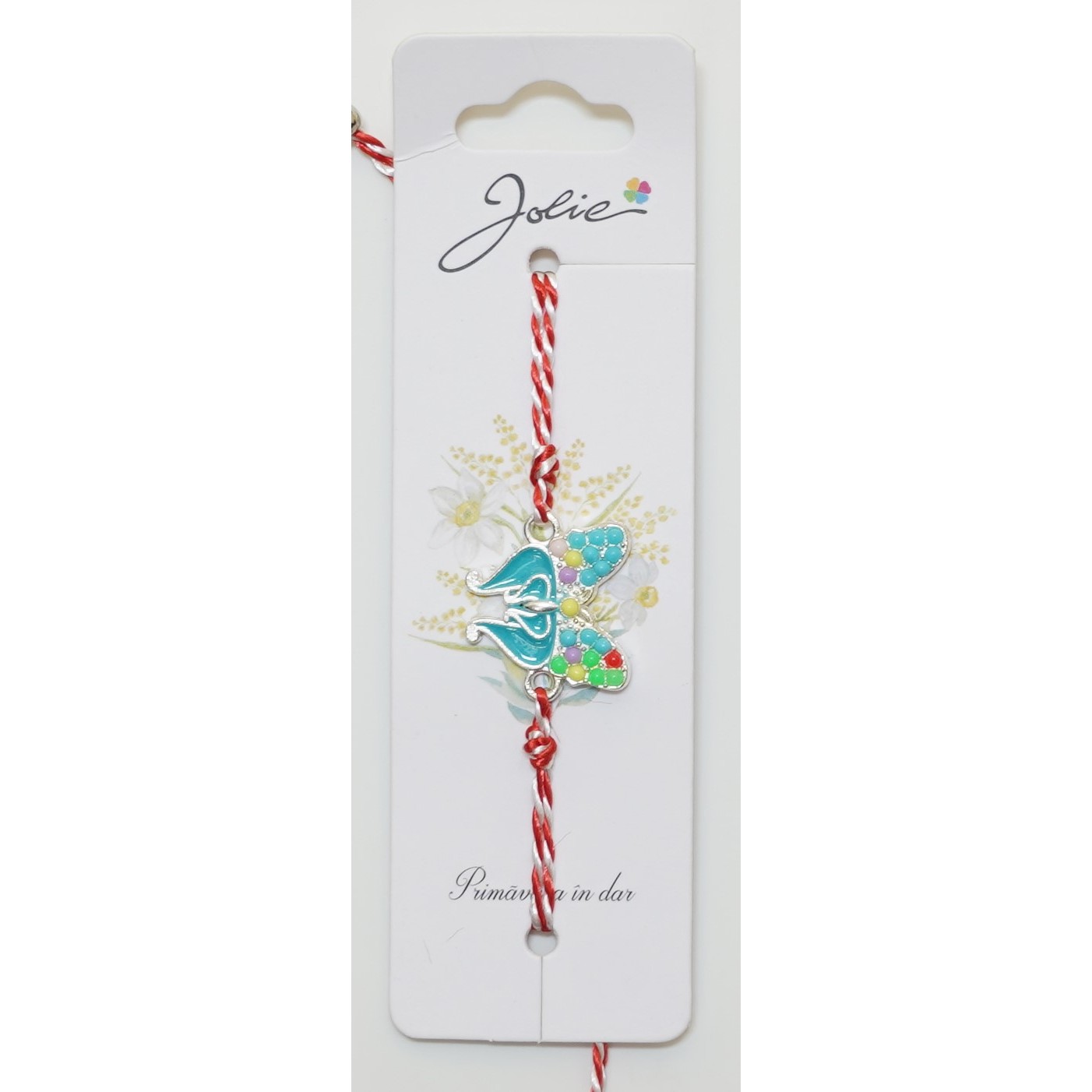 Martisor Bratara snur Alb-Rosu - Bratara cu Snur Alb- Rosu Fluture Pietre si Email