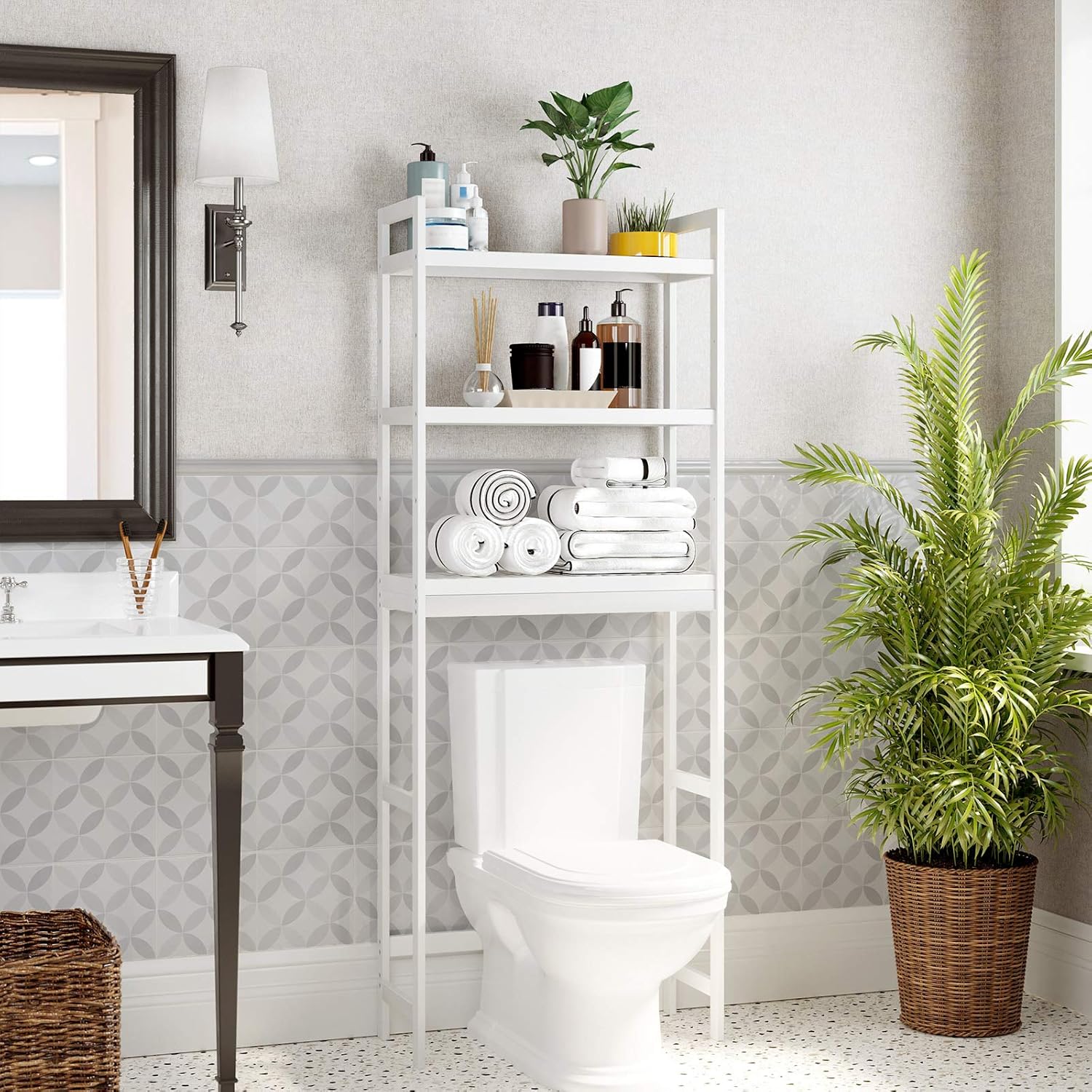 SONGMICS Raft de depozitare pentru baie, suprapunere peste masina spalat sau vas WC, din bambus, rafturi reglabile, 26x63x163 cm, alb [5]