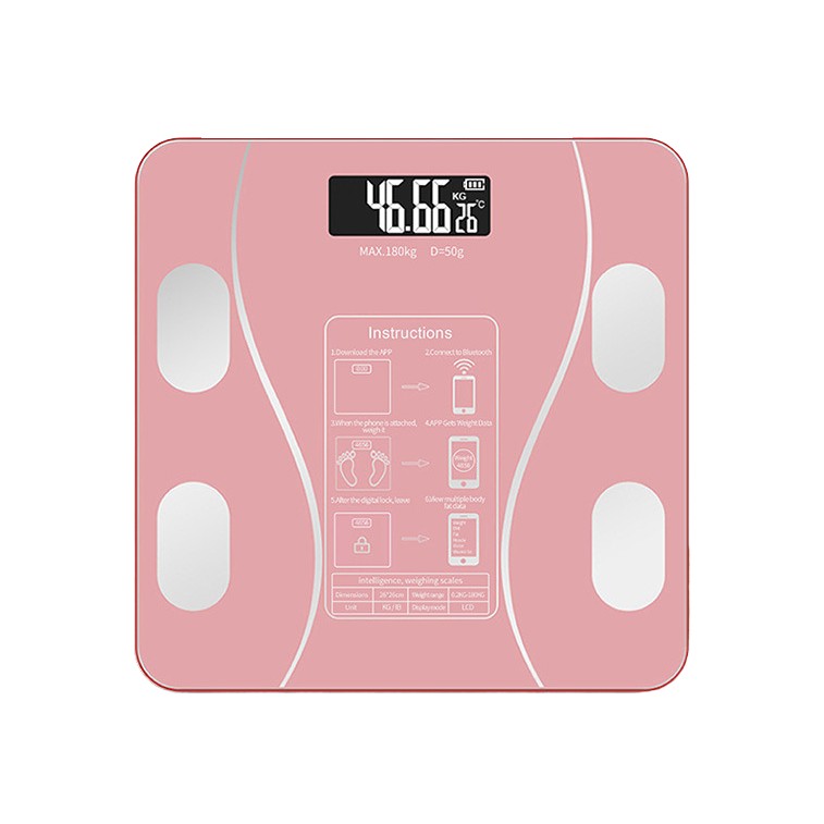Electronice - Cantar Electronic Inteligent De Baie Cu Aplicatie Smart, Corporal, Ecran Digital Iluminat, Termometru, Suporta Maxim 180 Kg, 26 x 26 cm, Baterii, Roz