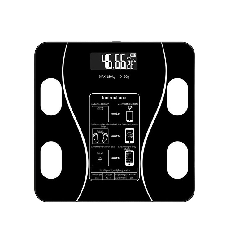 Electronice - Cantar Electronic Inteligent De Baie Cu Aplicatie Smart, Corporal, Ecran Digital Iluminat, Termometru, Suporta Maxim 180 Kg, 26 x 26 cm, Baterii, Negru