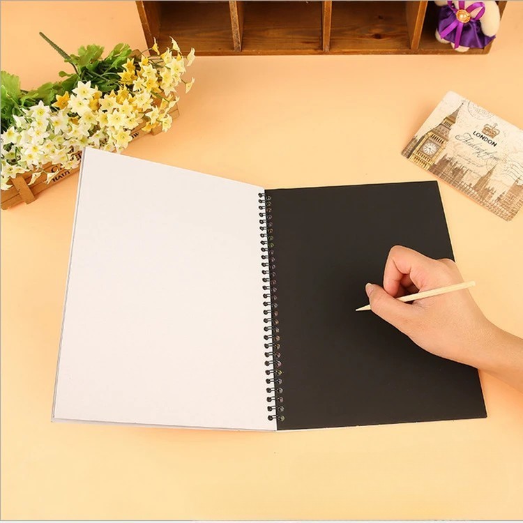 Caiet cu Foi de Hartie de Razuit, , cu Un Stilou din Bambus, pentru Desen, Curcubeu, 19 x 26 cm, Negru [3]