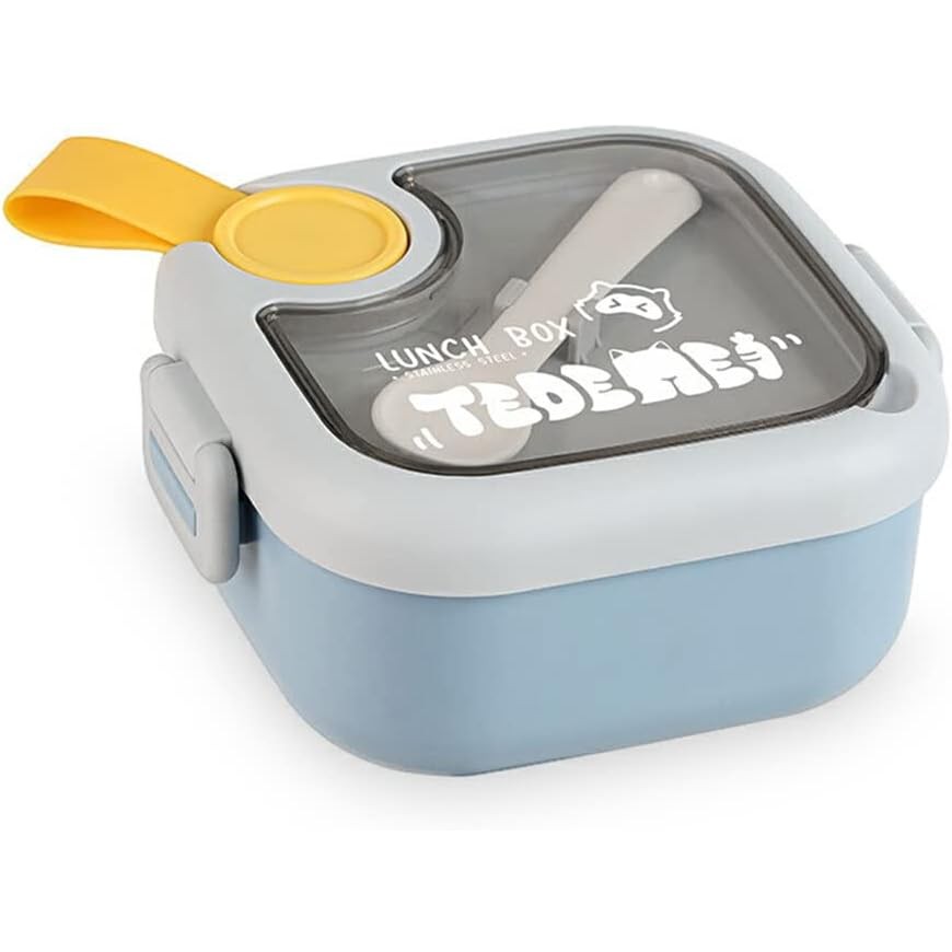 Articole Diverse copii - Caserola pentru copii , lunch box, 750 ml, doua boluri, lingura, foarfeca din plastic, rezistenta la scurgeri, Albastra