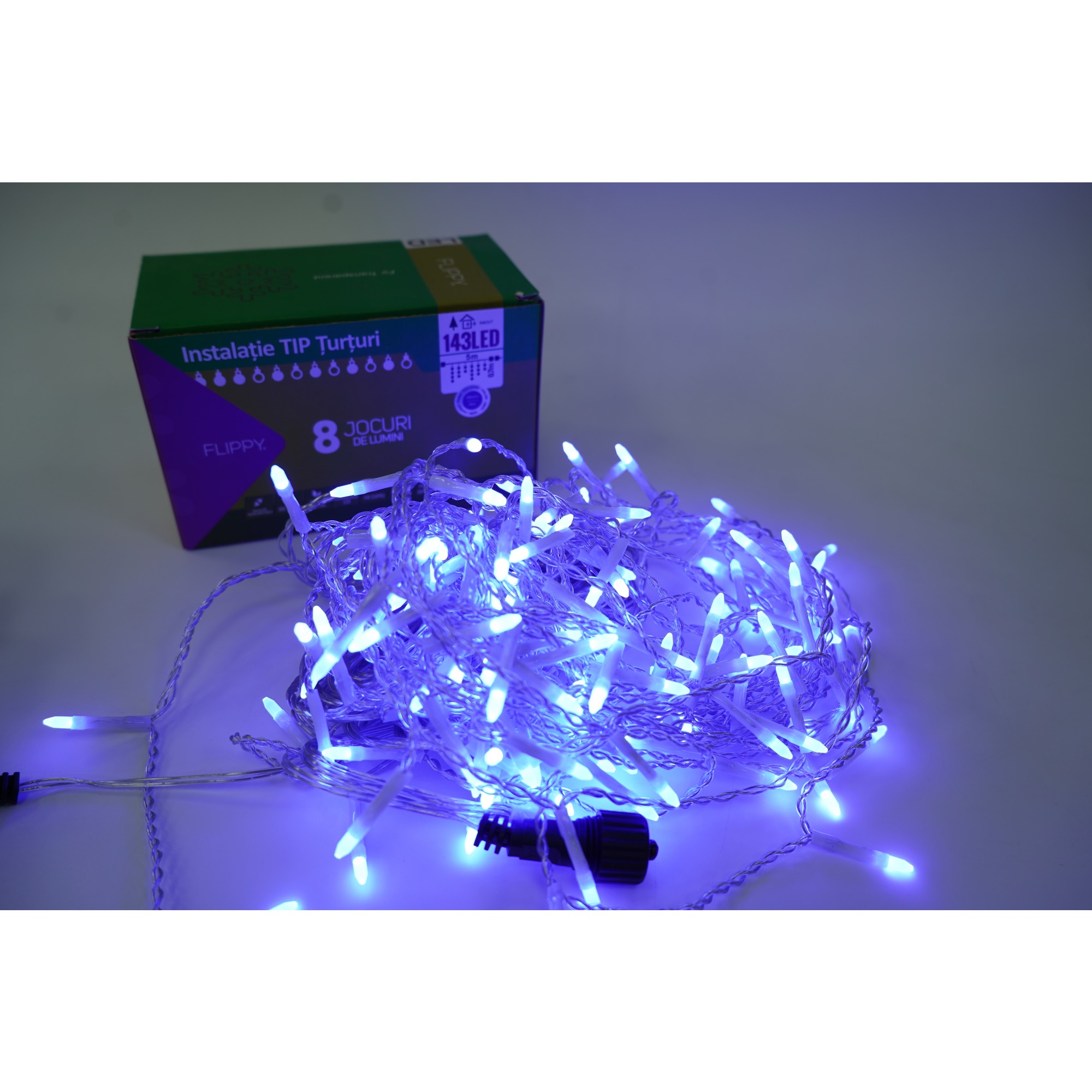Sectiune Instalatie de Craciun, ®, Tip Turturi, Fara Alimentator, 5m, 143 LED-uri, 8 Jocuri de Lumini, Fir Transparent, Lumina Albastra, IP44, Interconectabila [3]
