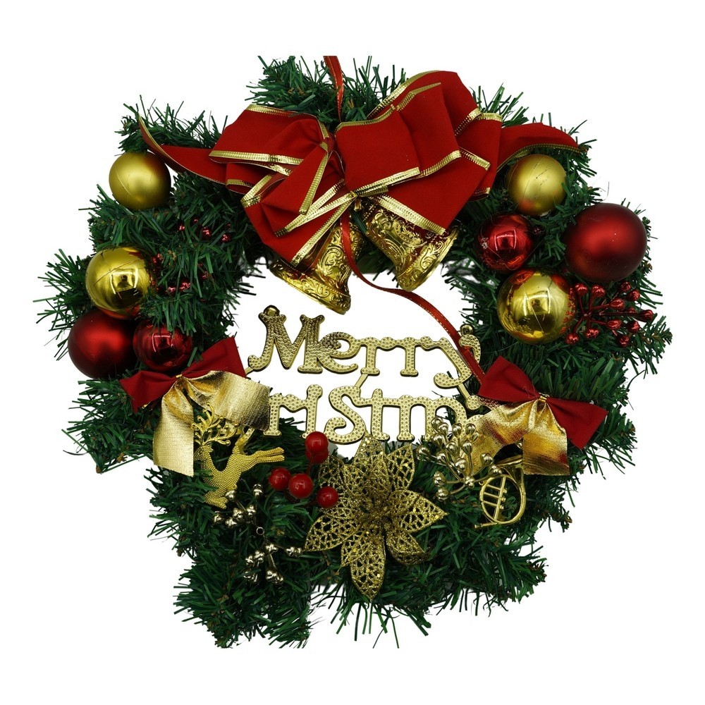 Coronita Craciun - Coronita de Craciun pentru usa, Rosu/Auriu/Verde, 40 cm, PVC, Artificiala, Decorata, Interior/Exterior, 