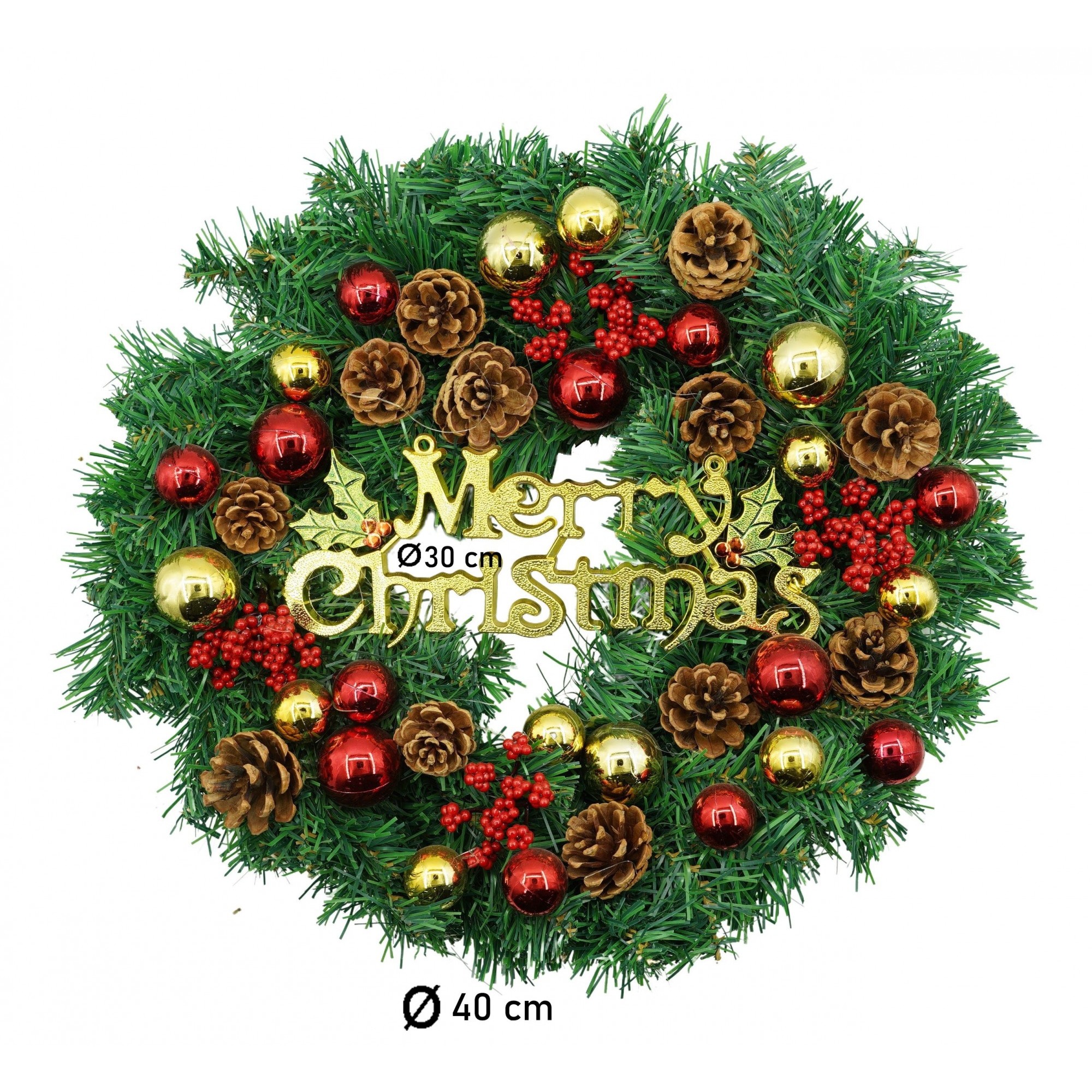 Coronita de Craciun pentru usa, Rosu-Auriu-Verde, 40 cm, PVC, Artificiala, Decorata, Interior/Exterior,  [6]