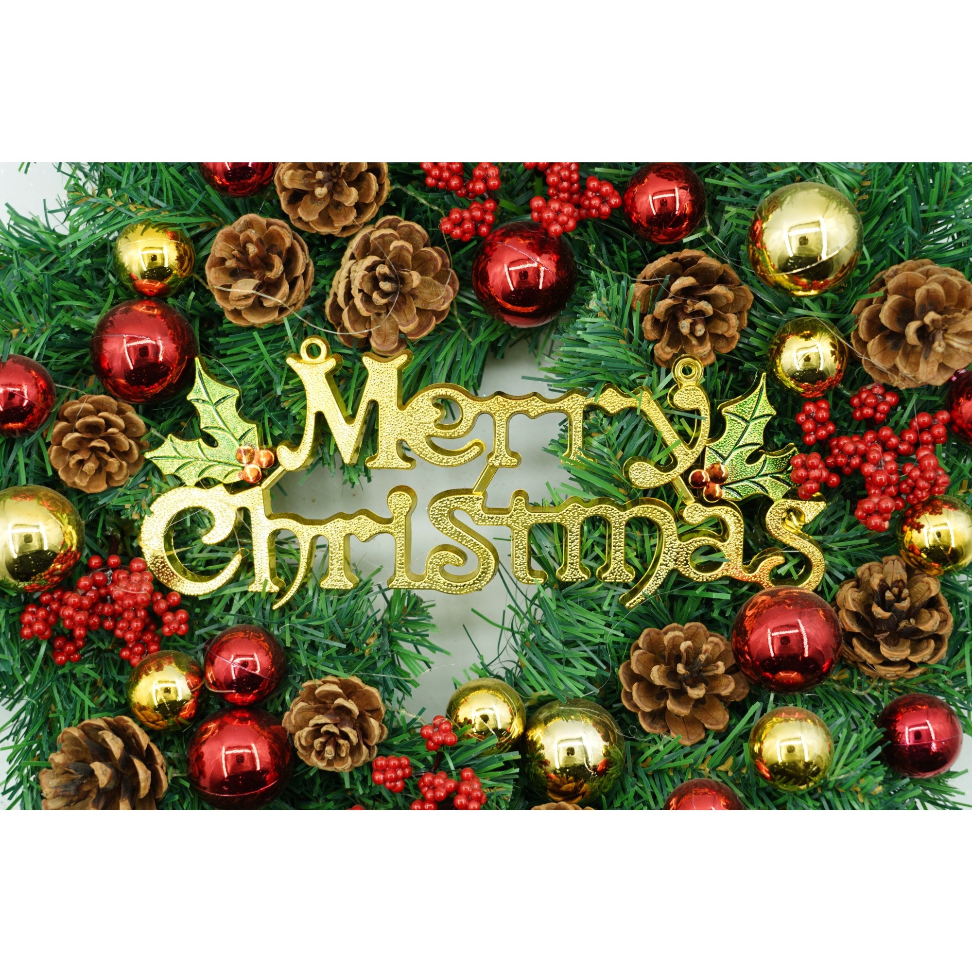 Coronita de Craciun pentru usa, Rosu-Auriu-Verde, 40 cm, PVC, Artificiala, Decorata, Interior/Exterior,  [2]