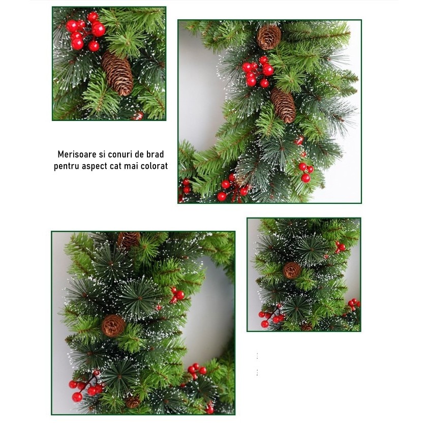 Coronita Craciun - Coronita pentru Craciun , 60 cm, din brad artificial, decorata cu conuri si merisoare, Verde