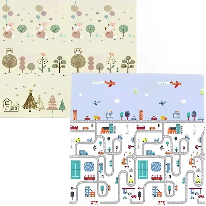 Covoras de Joaca pentru Copii Termic cu 2 Fete, , Model Vulpi si Pista de Masini, cu Spuma, Impermeabil, Antiderapant, 200cm x 160cm x 0.6cm [2]