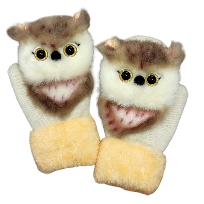 Manusi de Plus pentru Copii, , de Iarna, Groase, Moi, Calduroase, Model Animat Bufnita Alba [1]