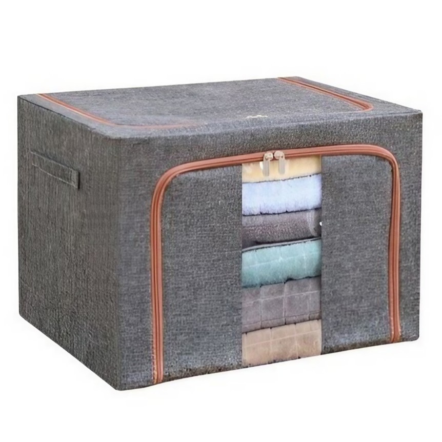 Cutie de Depozitare Pliabila, , 24 L, din Bumbac si In, 40x30x20 cm, Fereastra Frontala, 2 Usi de Acces cu Fermoar Bidirectional, Cadru Metalic, Suport Baza Stabil din Plastic, Gri [13]