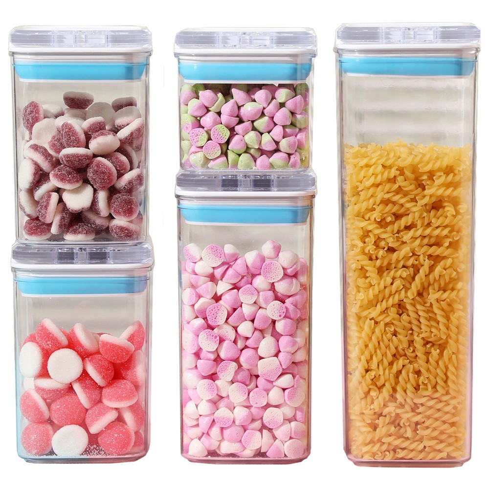 Organizatoare si Depozitare Bucatarie - Cutii de Depozitare Alimente, , Set din 5 Cutii de tip Container, 1x0.5 l, 2x0.8 l, 1x1.2 l, 1x1.9 l, Recipiente pentru Cereale in Bucatarie, Transparente cu Capac Albastru-Alb