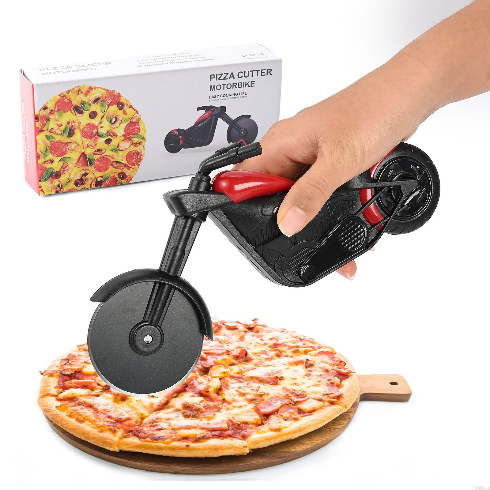 Cutit pizza creativ , in forma de motocicleta, cu suport pentru cutit, 21.5 x 9.5 cm, otel/PP, negru [6]
