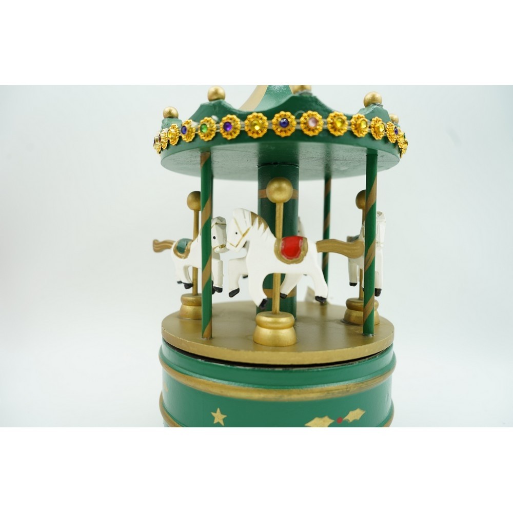 Cutiuta muzicala decorata de Craciun, Carusel rotativ, Verde, din Lemn, Interior,  [7]