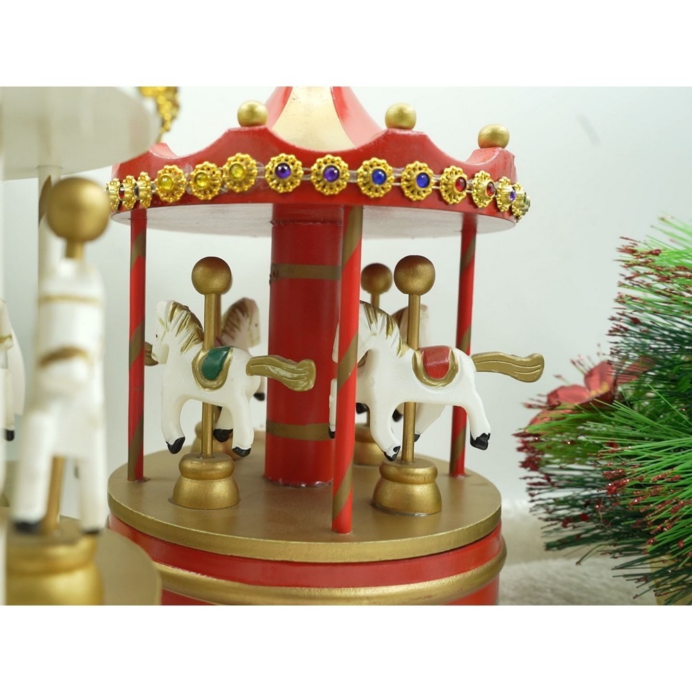 Cutiuta muzicala decorata de Craciun, Carusel rotativ, Rosu, din Lemn, Interior,  [7]