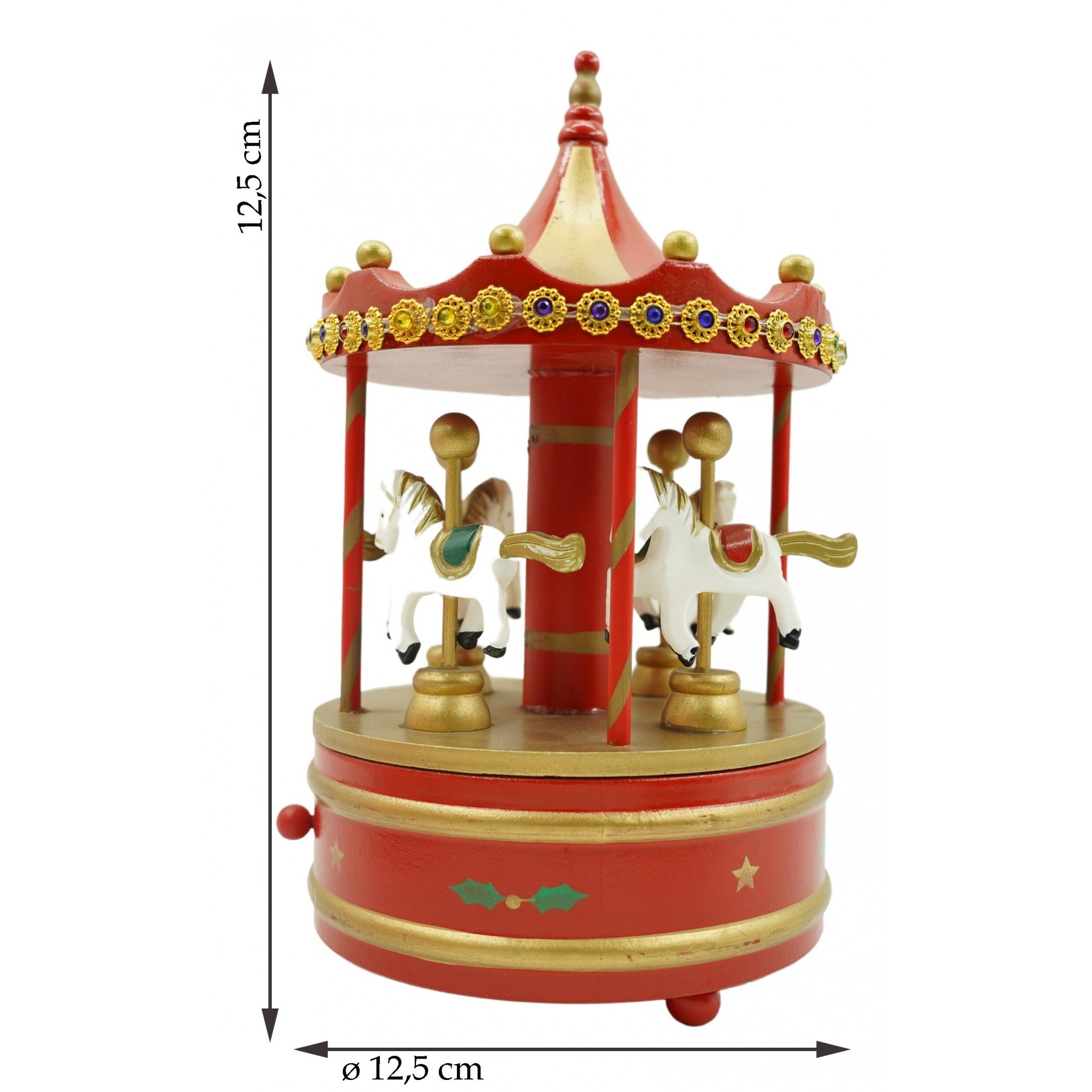 Cutiuta muzicala decorata de Craciun, Carusel rotativ, Rosu, din Lemn, Interior,  [6]