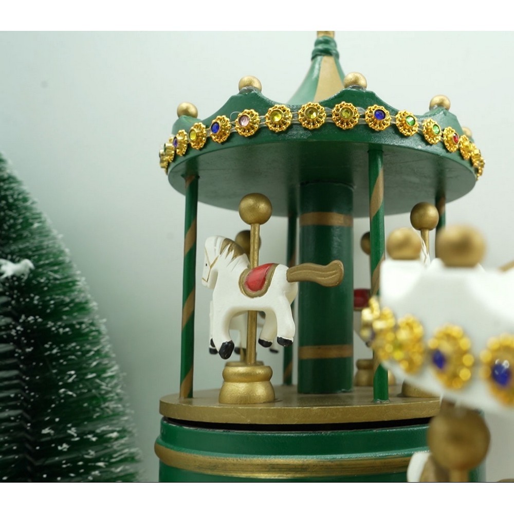 Cutiuta muzicala decorata de Craciun, Carusel rotativ, Verde, din Lemn, Interior,  [9]