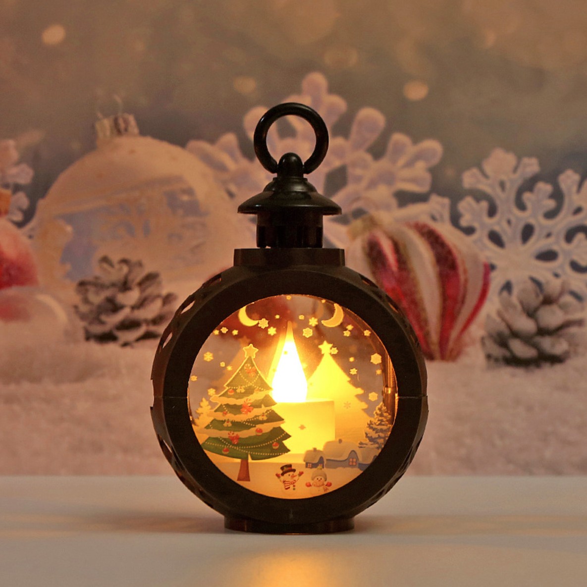 Decoratiune Craciun tip Felinare cu baterii, 13.5 x 9 cm,Lumanare cu geam si inscriptie Brad Craciun,lumina alb cald,baterii incluse,Negru [2]
