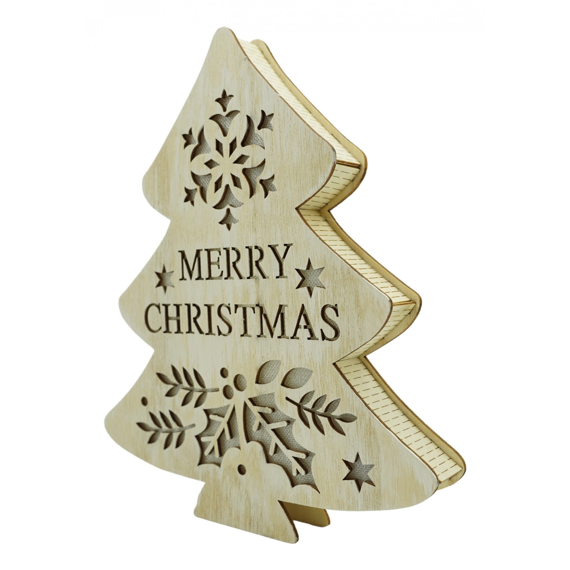 Decoratiuni Luminoase - Decoratiune luminoasa, model de Brad cu inscriptie Marry Christmas, alb, lungime: 19 cm, latime: 3 cm, inaltime: 22 cm, lemn, interior/exterior