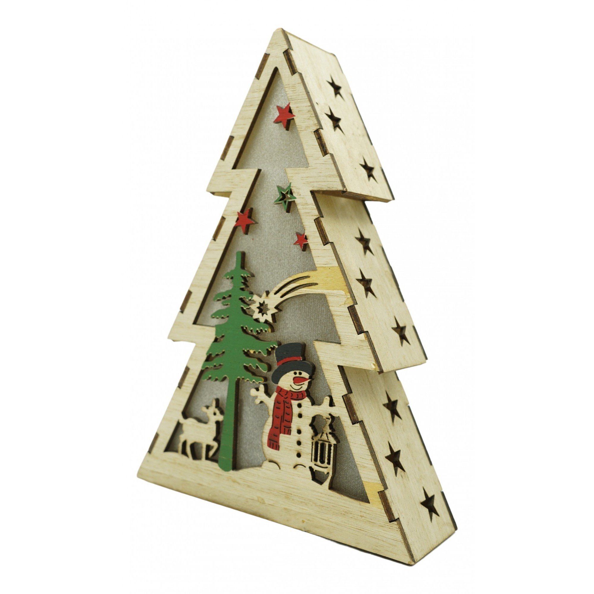 Decoratiuni Luminoase - Decoratiune luminoasa, model de Brad cu Om de zapada, maro, lungime: 14 cm, latime: 5 cm, inaltime: 20 cm, lemn, interior/exterior