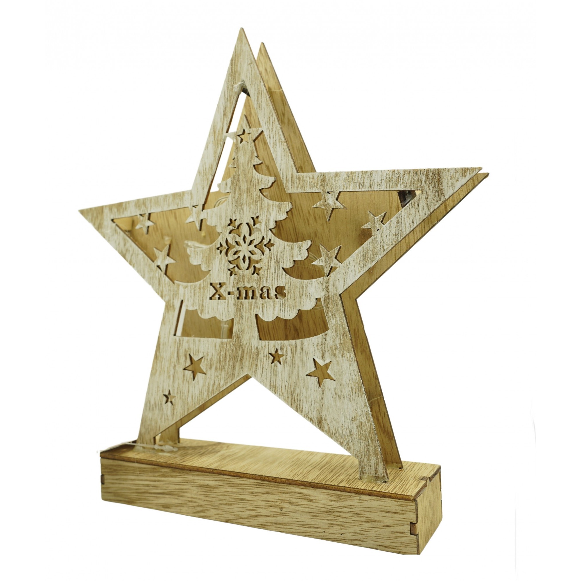 Decoratiuni Luminoase - Decoratiune luminoasa, model de Stea cu Brad si inscriptie Marry Christmas, alb, lungime: 19 cm, latime: 5 cm, inaltime: 26 cm, lemn, interior/exterior