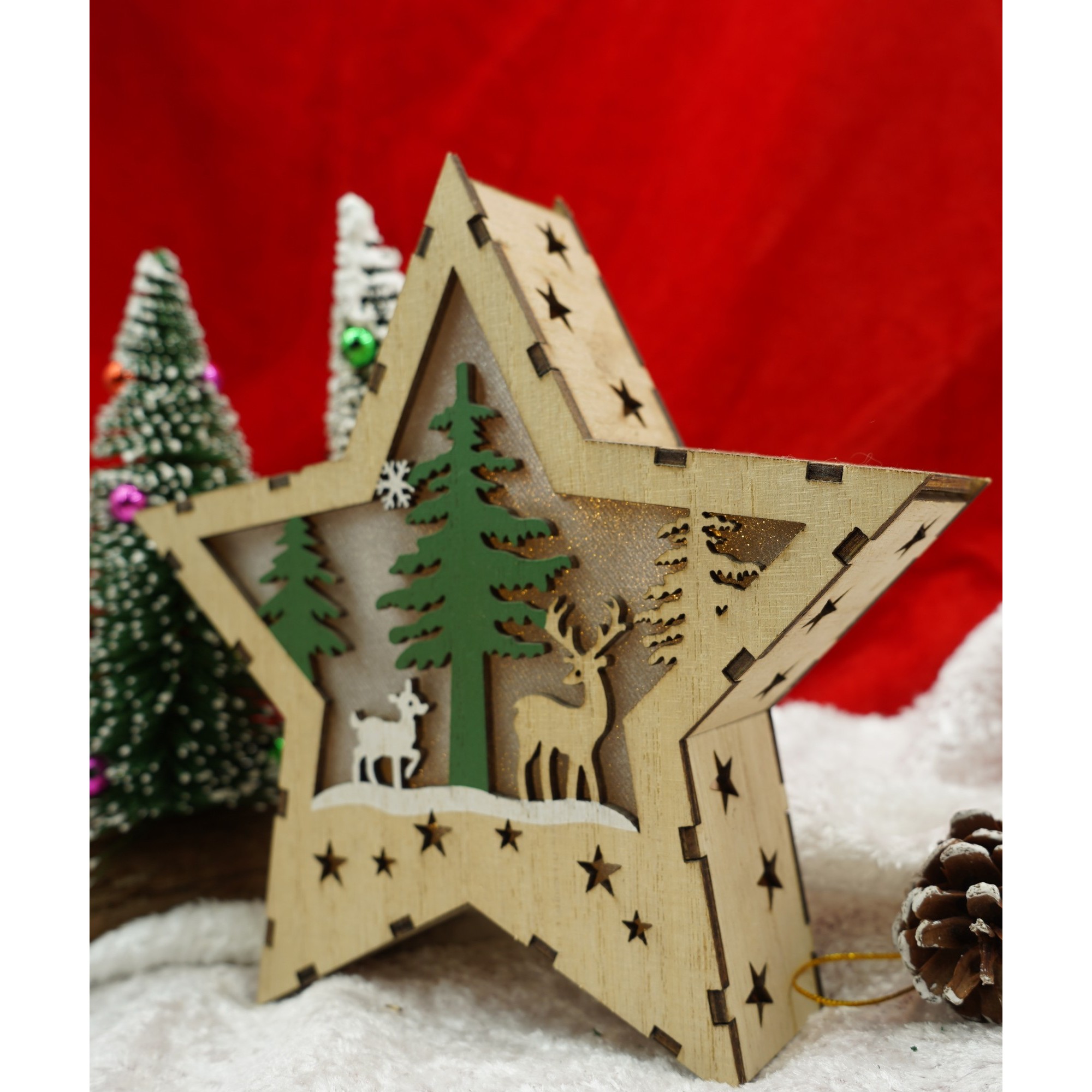 Decoratiune luminoasa, model de Stea cu Reni, maro, lungime: 18 cm, latime: 18 cm, inaltime: 4 cm, lemn, interior/exterior [3]