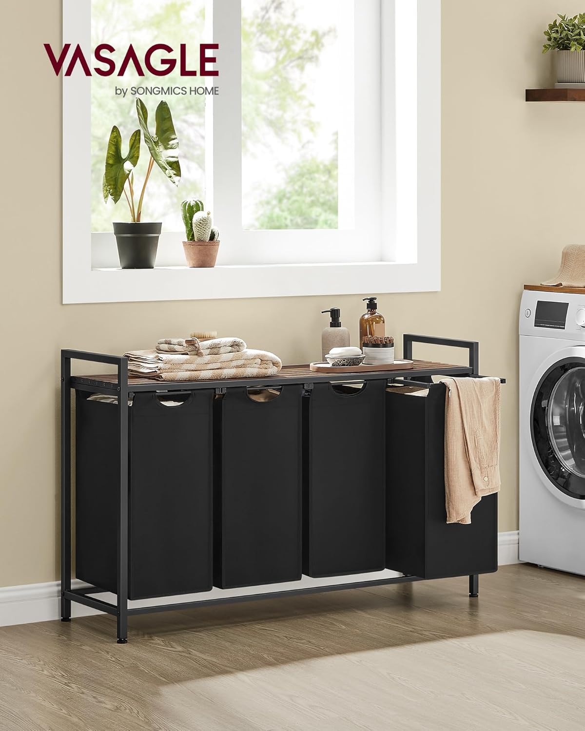 VASAGLE Cos rufe 4x40L, saci detasabili, raft superior si cadru metalic, 116x33x72 cm, maro si negru [2]