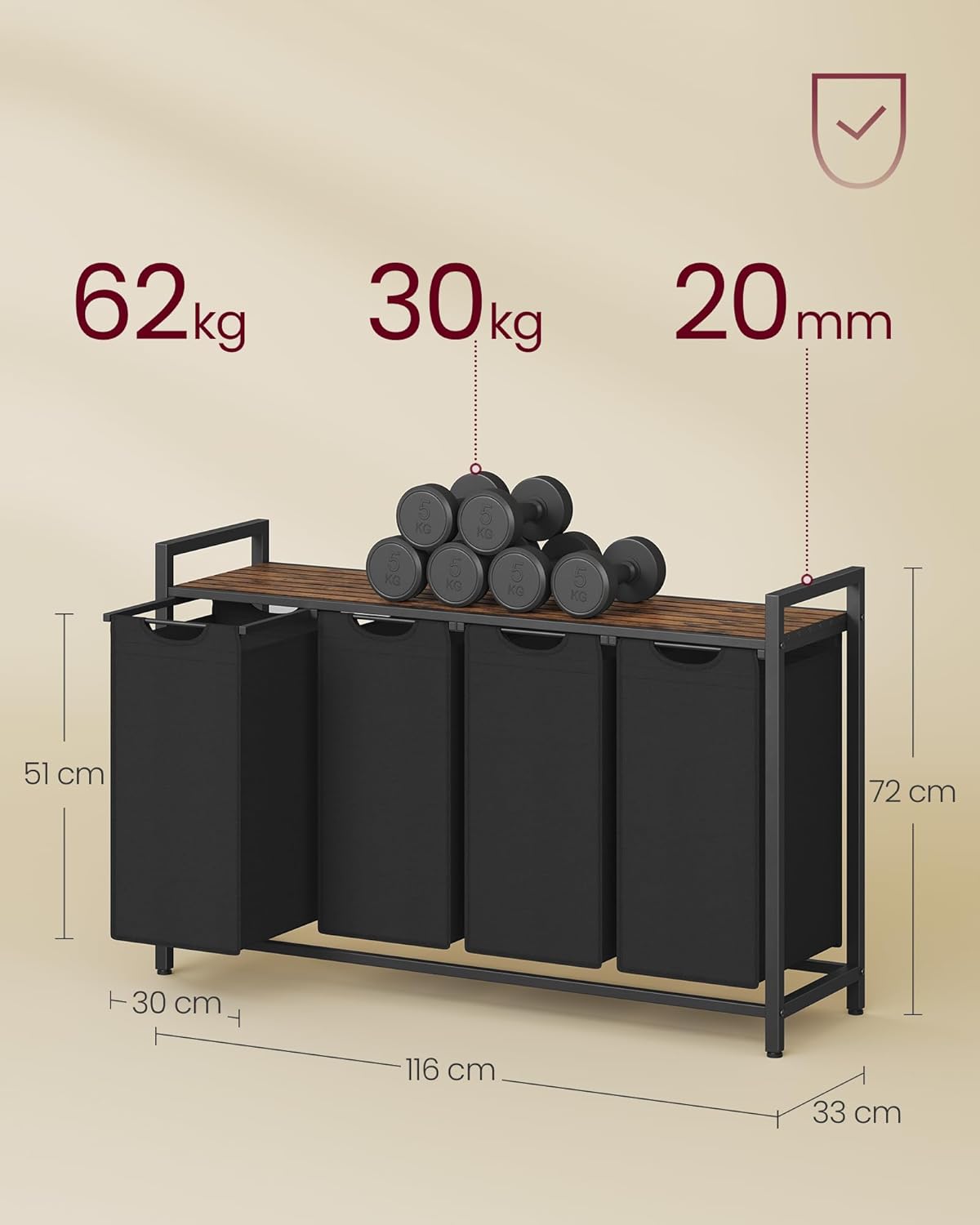 VASAGLE Cos rufe 4x40L, saci detasabili, raft superior si cadru metalic, 116x33x72 cm, maro si negru [3]