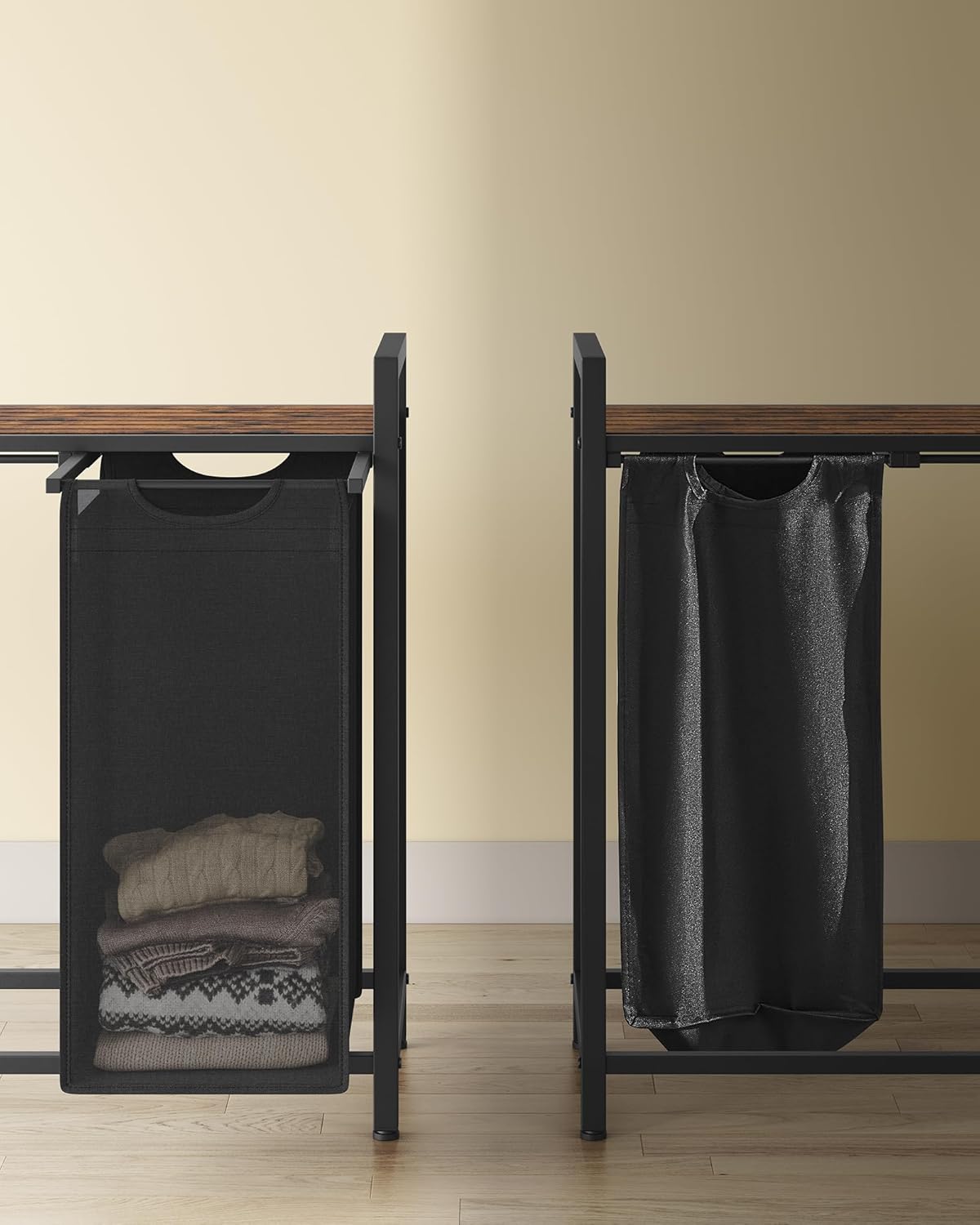 VASAGLE Cos rufe 4x40L, saci detasabili, raft superior si cadru metalic, 116x33x72 cm, maro si negru [6]