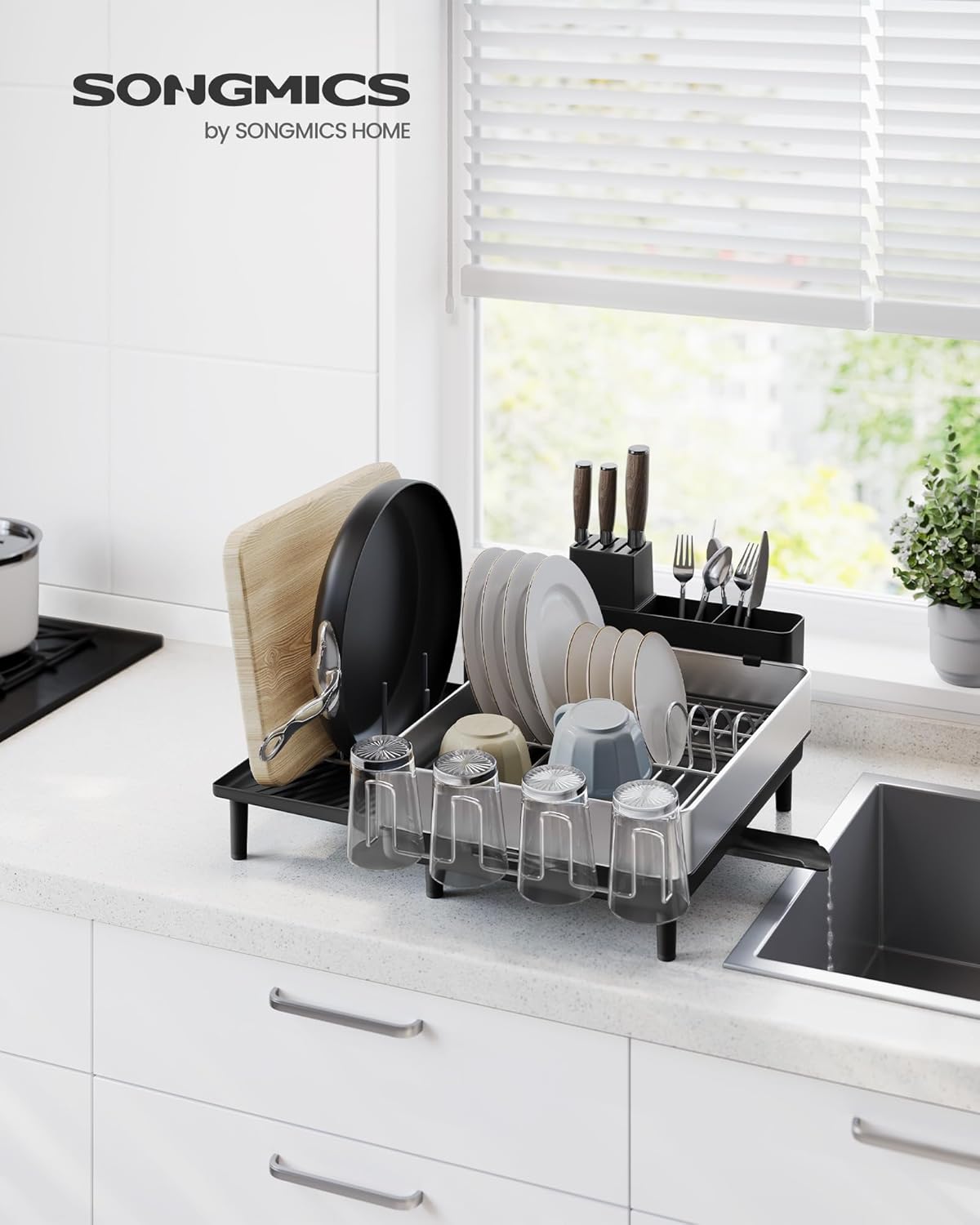 SONGMICS Suport vase inox cu scurgere extensibila, compartimente tacamuri si pahare, 51x49x23 cm, negru [5]