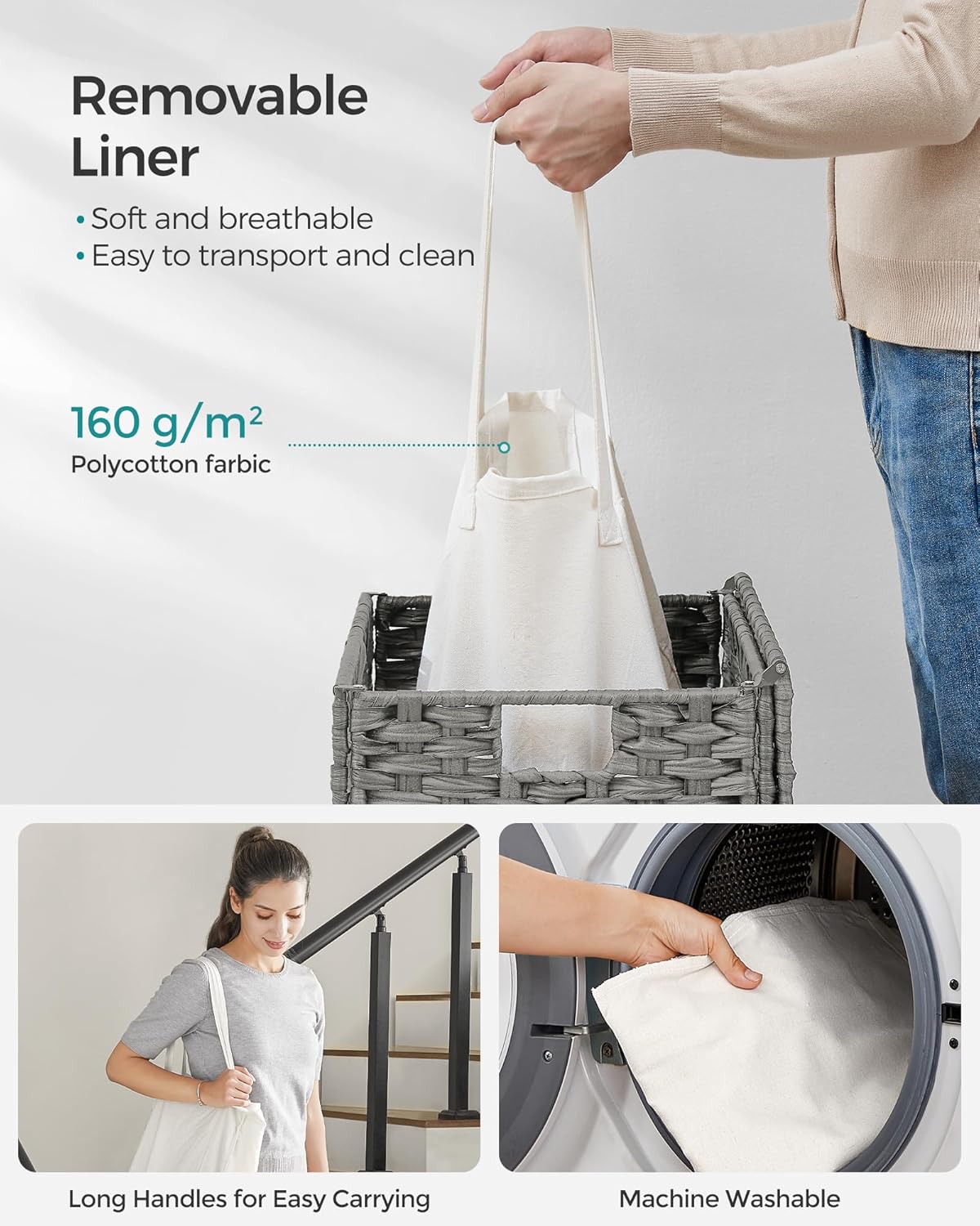 SONGMICS Cos rufe cu capac, ratan sintetic si sac detasabil, 90 L, 46x33x60 cm, gri [8]